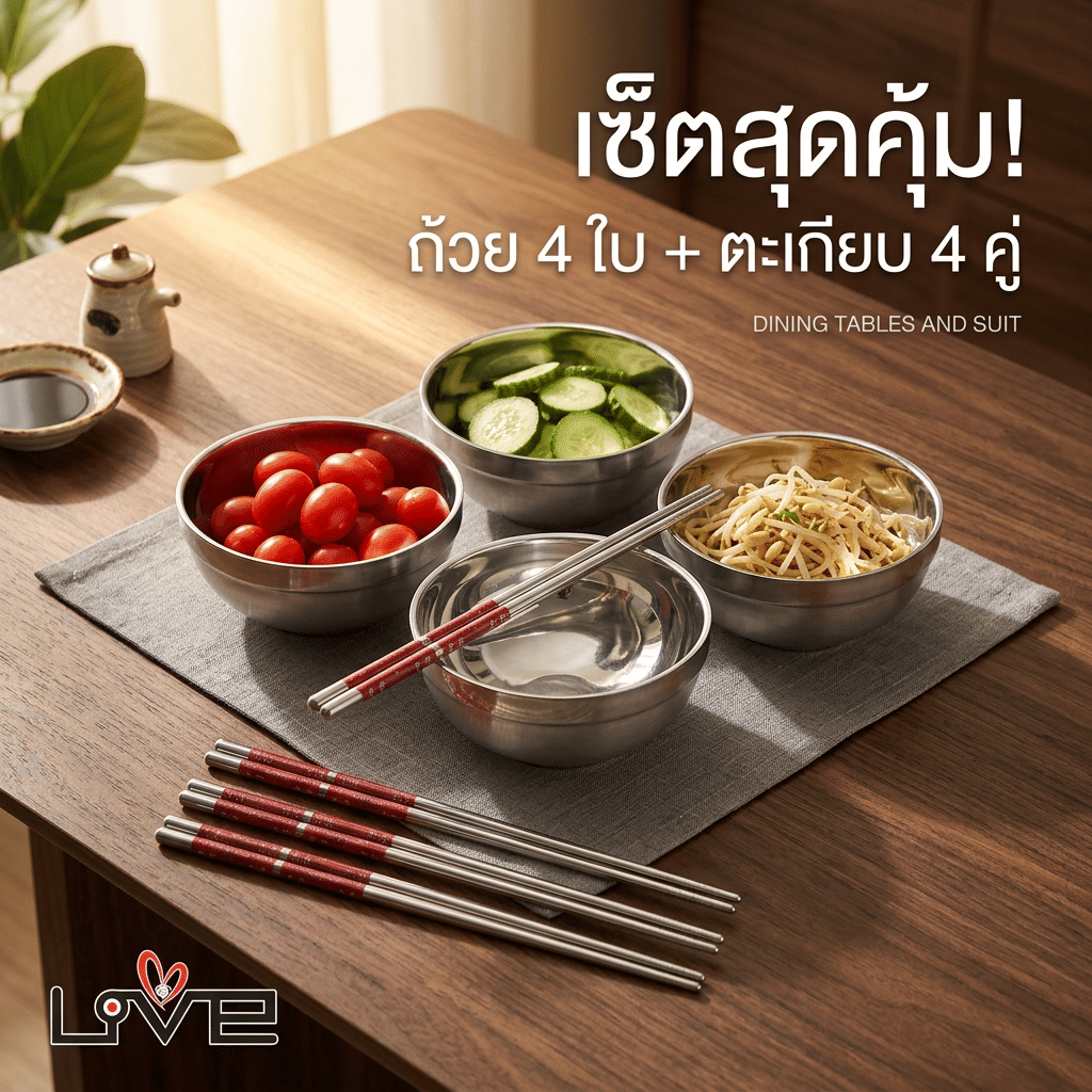 ชุดถ้วยข้าว+ตะเกียบLOVE SET SONAR สแตนเลสอย่างดี 4 ชุด_2